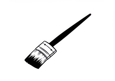 A black and white illustration of a paint brush. The brush has a wooden handle and bristles. It is isolated on a white background. The image is simple and clean, making it suitable for various design purposes.の素材