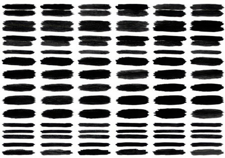 A collection of black brush strokes with varying thicknesses and textures, arranged in rows and columns. The strokes appear to be painted or drawn, creating an abstract and artistic pattern. Isolated on white.の素材