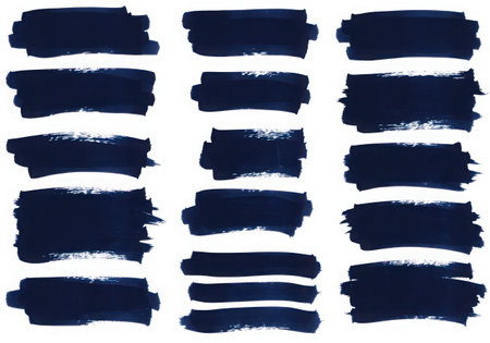A set of eighteen dark blue brush strokes in various sizes and orientations. They are isolated on a white background, creating a graphic resource for design and artistic projects. Ideal for adding texture and depth.の素材
