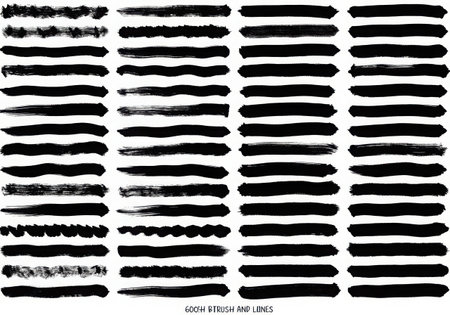 A set of black brush strokes with varying textures and styles. These strokes are ideal for adding an artistic touch to designs. Use them as accents, borders, or backgrounds for creative projects.の素材