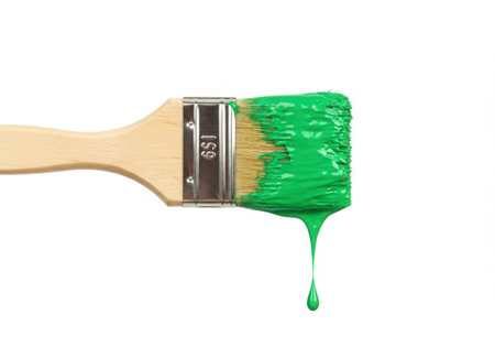 A close-up shot of a paint brush with green paint. The paint is dripping from the brush, showcasing its vibrant color and texture. The brush is isolated against a clean white background, emphasizing its details.の素材