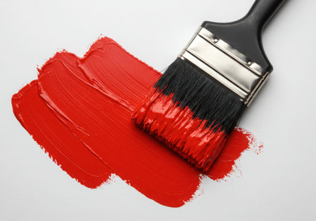 A paintbrush with black handle and bristles covered in red paint lies on a white surface, leaving a thick, textured stroke of red paint. The paint is vibrant and glossy, contrasting with the clean background.の素材