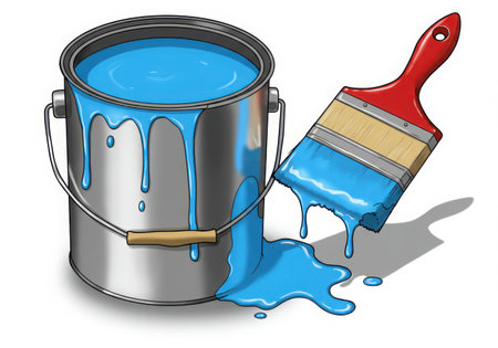 A paint can and brush are featured, both covered in dripping blue paint. The can is metal with a wooden handle. The brush has a red handle and tan bristles, adding a splash of color to the scene.の素材