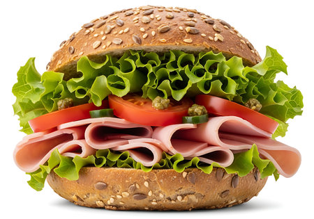 A close-up, mouthwatering view of a generously filled ham sandwich. Layers of savory ham, crisp lettuce, and juicy tomatoes are stacked between a toasted sesame seed bun, ready to be enjoyed.の素材