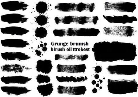A set of varied black grunge brush strokes and splatters. Ideal for adding a textured, artistic touch to designs. Perfect for backgrounds, overlays, and creative projects.の素材