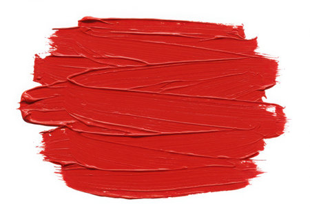 A vibrant red paint stroke with a textured surface. The brush marks create an artistic pattern, perfect for adding a bold splash of color to designs. Isolated for easy use and creative projects.の素材