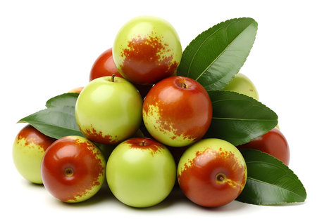 A vibrant pile of ripe jujube fruits, showcasing their transition from green to red, interspersed with fresh green leaves. A healthy and delicious natural food option.の素材