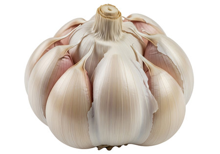 A detailed close-up of a single fresh garlic bulb showcases its textured papery skin and natural form. This image highlights a versatile culinary ingredient perfect for cooking and recipes.の素材