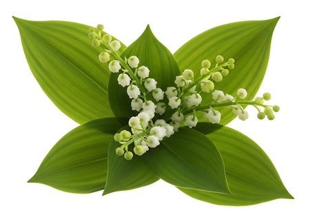 A close-up view showcases the intricate beauty of lily of the valley blooms clustered amongst vibrant green foliage. This image captures the essence of spring and natural elegance.の素材