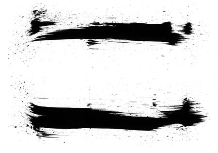 Two horizontal black brush strokes with grunge texture, isolated on a white background. The strokes are uneven and splattered, creating an abstract and artistic design element for various creative projects.の素材