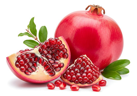 A whole ripe pomegranate is showcased alongside a cut pomegranate revealing its vibrant red arils and fresh green leaves, a healthy and delicious superfruit.の素材