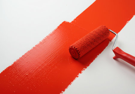 A paint roller with a red handle lies on a white surface, leaving a broad stroke of vibrant red paint. The image captures the texture of the paint and the roller's impression on the surface, suggesting renovation.の素材