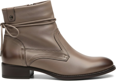 Showcasing a single brown leather ankle boot with a low heel. Features decorative lacing detail around the ankle and stitching accents, perfect for a chic, casual look.の素材