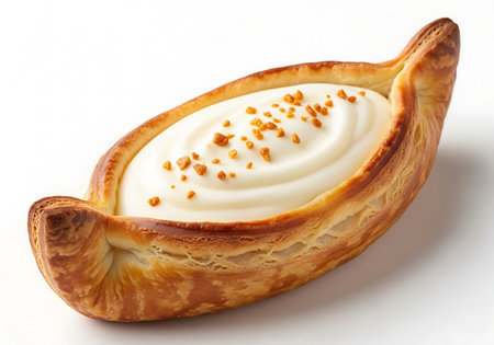 Experience the iconic Georgian Adjaruli Khachapuri a boat-shaped bread filled with melted cheese and topped with a rich creamy mixture and colorful sprinkles a delightful culinary treat.の素材