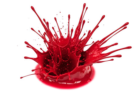 A vibrant, high-speed photograph captures a dynamic red liquid splash frozen in mid-air. The droplets and tendrils create an explosive, artistic burst of color against a clean backdrop.の素材