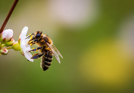 A close-up macro shot of a honeybee with pollen on its legs gathering nectar from a small white flower.の素材