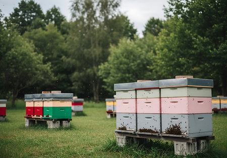 A collection of vibrant, stacked beehives sits in a grassy field, with a dense forest in the background under an overcast sky.の素材