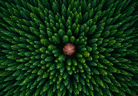 An overhead drone shot captures a vast, dark green forest. A solitary, reddish-brown tree stands out in the very center, creating a striking contrast.の素材