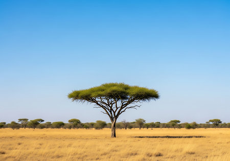 A solitary acacia tree dominates the dry, golden grassland under a clear, expansive blue sky, showcasing the iconic African savanna.の素材