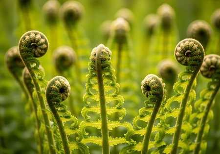 Close-up view of tightly coiled fern fiddleheads emerging from the forest floor, bathed in soft sunlight with a blurred green backdrop.の素材