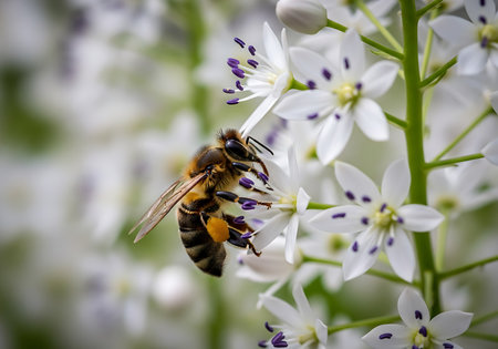 A close-up macro shot of a honeybee with intricate markings on its body collecting nectar from small white blossoms.の素材