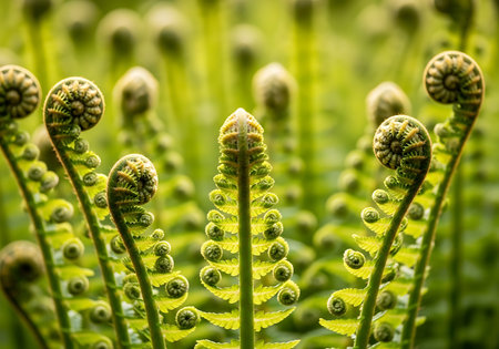 Close-up view of tightly coiled young fern fronds, also known as fiddleheads, emerging from the forest floor. Their spiral shapes are illuminated by soft, diffused light.の素材