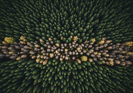 An overhead drone shot captures a dense evergreen forest interrupted by a vibrant horizontal stripe of yellow and brown deciduous trees.の素材