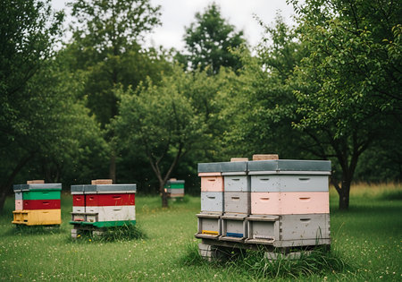 Rows of vibrant, stacked beehives stand in a grassy meadow surrounded by dense, green trees on a cloudy day.の素材