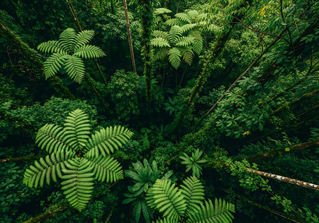An aerial perspective reveals a dense, vibrant green canopy of ferns and trees in a humid, biodiverse rainforest.の素材