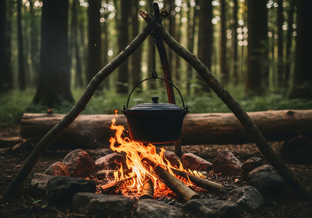 A cast iron pot hangs over a crackling campfire, surrounded by rocks and logs, deep within a tranquil, sun-dappled forest.の素材