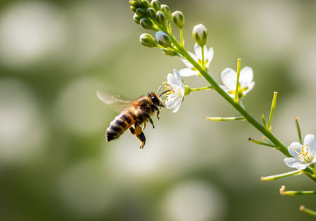 A detailed close-up shows a honeybee in mid-flight, its wings blurred, reaching for nectar from small white blossoms on a green stem.の素材