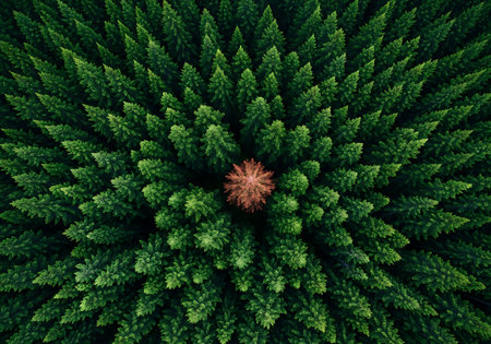 An aerial view showcases a single red tree, a striking contrast to the dense, dark green forest surrounding it.の素材