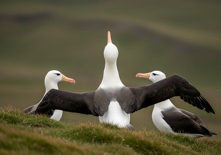 A large albatross proudly stretches its impressive wingspan, while two other albatrosses observe from a grassy hillside.の素材
