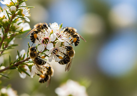 Numerous honeybees are gathered on a cluster of small white flowers, actively foraging for nectar and pollen in a natural setting.の素材