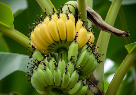 A close-up view of a banana bunch with both ripe yellow and unripe green fruit, showing the natural growth process on a tropical plant.の素材