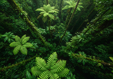 An aerial perspective reveals the vibrant, dense green foliage of a tropical rainforest, showcasing lush ferns and other plant life.の素材