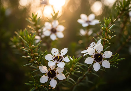Close-up of small white flowers with dark centers, bathed in warm sunset light, surrounded by lush green leaves and branches.の素材