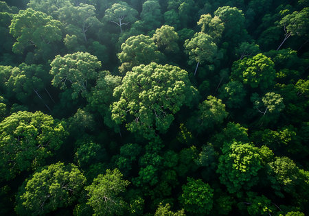 An aerial view showcases the dense, verdant foliage of a thriving forest, highlighting the rich textures and shades of green.の素材