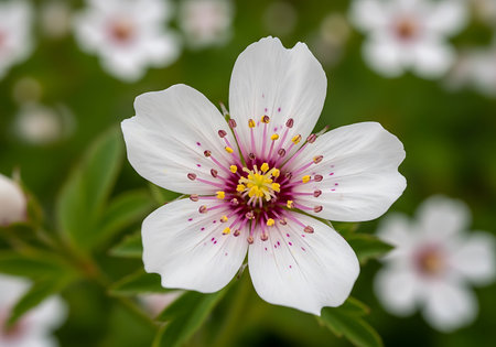 A close-up view of a single white flower with five petals, showing its intricate pink and yellow center against a blurred green background.の素材