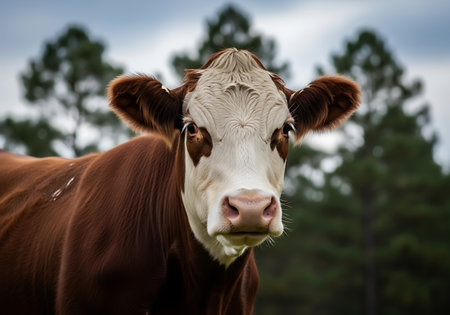 A brown and white cow faces the camera directly, with a shallow depth of field blurring the trees behind it.の素材