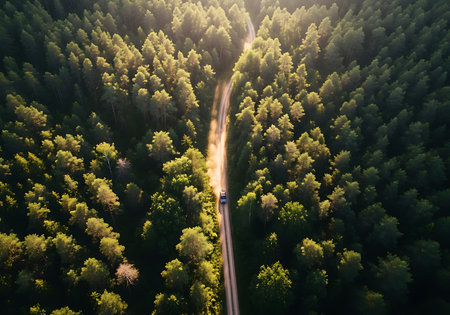 An overhead drone shot captures a car traveling on a narrow road through a dense, green forest bathed in warm sunlight.の素材