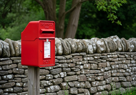 A vibrant red British post box is positioned next to a traditional dry stone wall, set against a backdrop of lush green trees.の素材