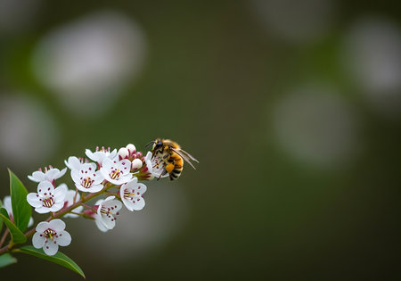 A close-up macro shot of a honeybee actively collecting nectar from a cluster of small white flowers with a blurred green background.の素材