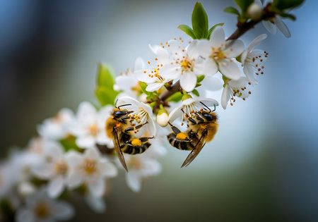 Close-up of two fuzzy honeybees collecting nectar from a cluster of small white flowers with yellow centers, set against a soft, blurred background.の素材