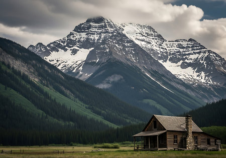 An old wooden cabin sits in a grassy field with a towering, snow-covered mountain range in the background under a cloudy sky.の素材