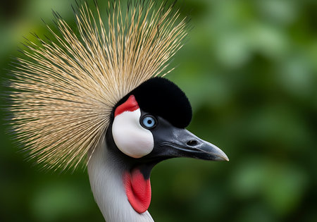Close-up portrait of a Gray Crowned Crane with its iconic golden crown, red wattle, and piercing blue eyes against a blurred green background.の素材