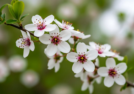 Close-up of a branch laden with small white plum blossoms, featuring vibrant pink centers and delicate petals, set against a soft green background.の素材