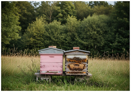 Two weathered beehives, one pink and one aged wood, are positioned in a sunlit meadow. Lush green trees form a backdrop.の素材