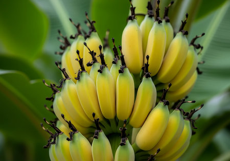 A close-up view of a bunch of ripening bananas, showing their vibrant yellow color and the lush green foliage of the banana plant.の素材