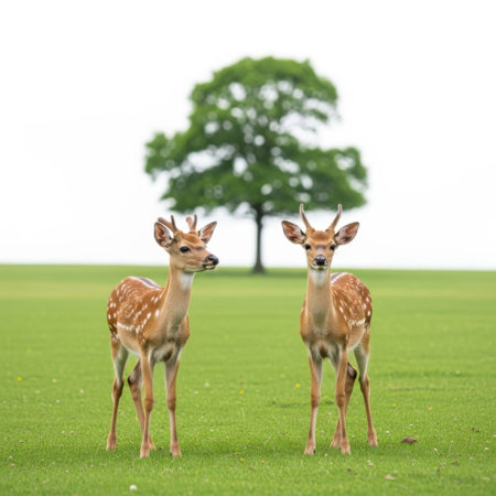This image features two baby deer standing on a lush green grass field with a blurred tree in the background. The image is set on a transparent background, making it suitable for various digital applications.の素材